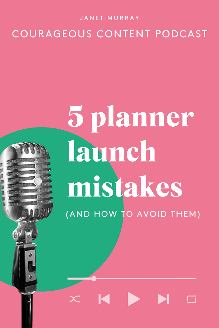 A plain pink background with a green circle and a caption over it. The pin is captioned: 5 planner launch mistakes (and how to avoid them) because it leads to a podcast and blog with the same title.